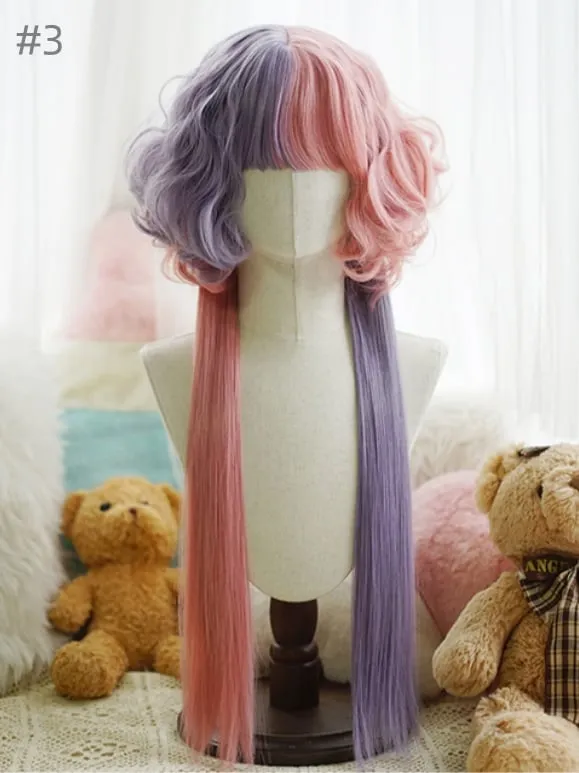 Split Color Waist Length Curly Wig With Full Bangs