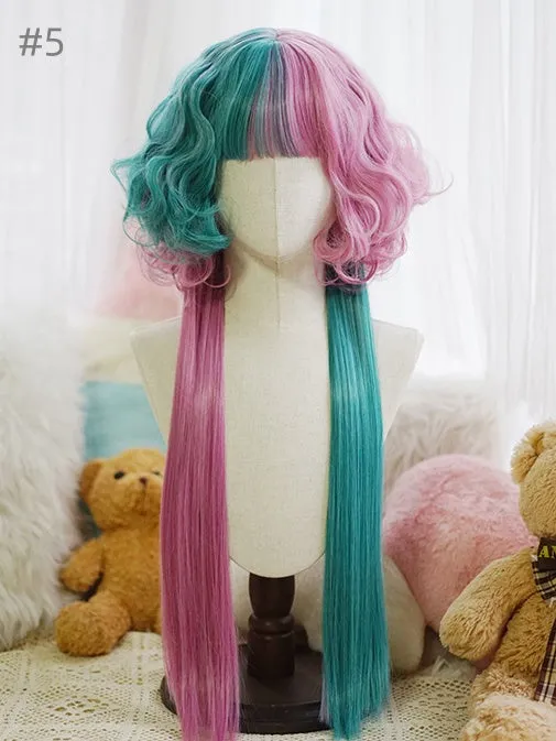 Split Color Waist Length Curly Wig With Full Bangs