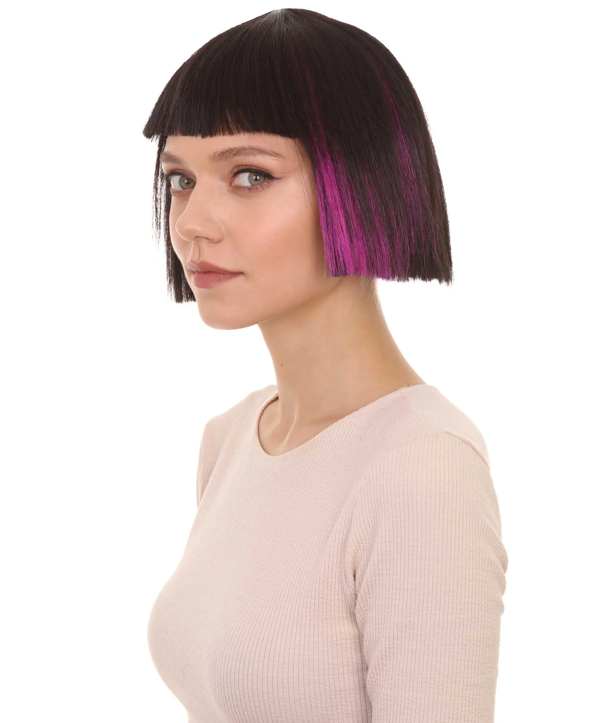 Super Model Black & Purple Bob Womens Wig | Bob Party Ready Fancy Cosplay Halloween Wig | Premium Breathable Capless Cap