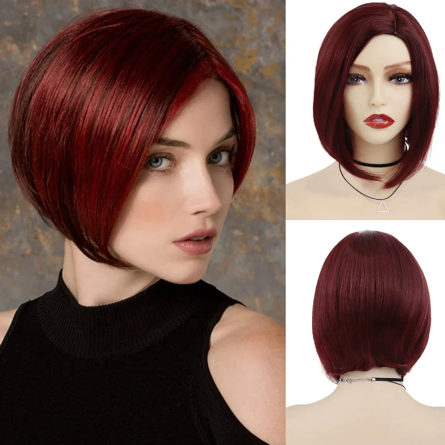 Synthetic Burgundy Wig for Woman Short Bob Wig Haircut Soft Straight Hairstyle Purple Red Ombre Wigs Natural Looking