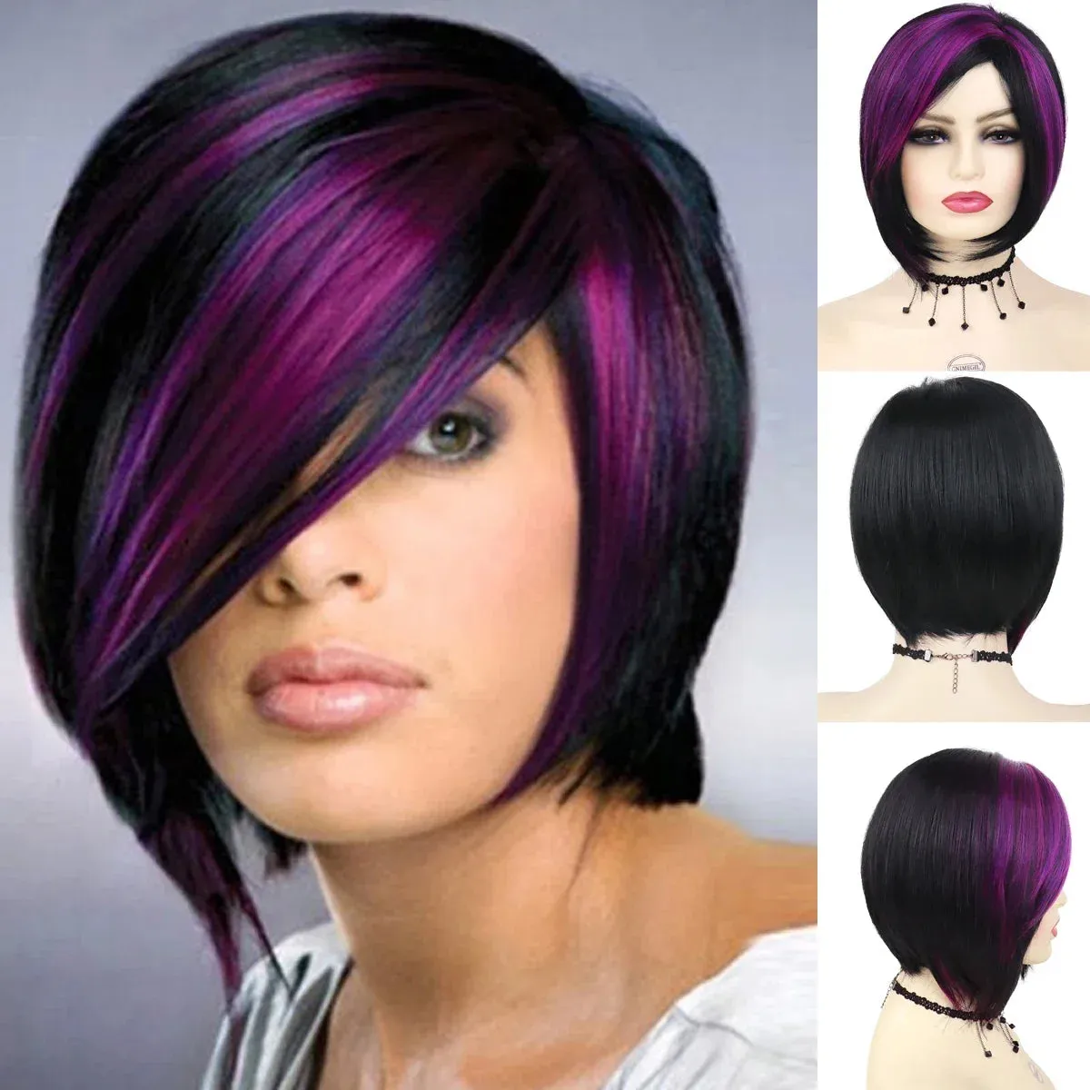 Synthetic Burgundy Wig for Woman Short Bob Wig Haircut Soft Straight Hairstyle Purple Red Ombre Wigs Natural Looking