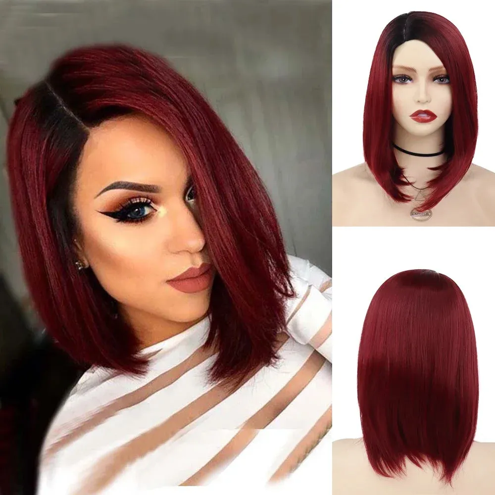 Synthetic Burgundy Wig for Woman Short Bob Wig Haircut Soft Straight Hairstyle Purple Red Ombre Wigs Natural Looking