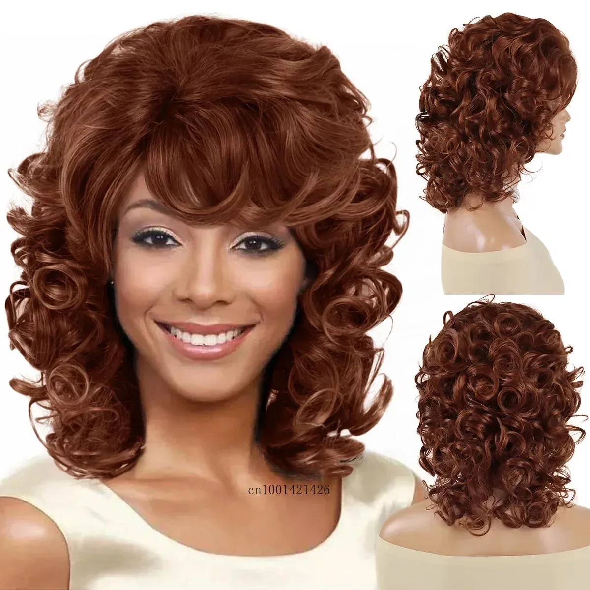 Synthetic Curly Hair Wigs for Women Natural Wig with Bangs Short Haircuts Shoulder Length Brown,Auburn,Black Wig Mother
