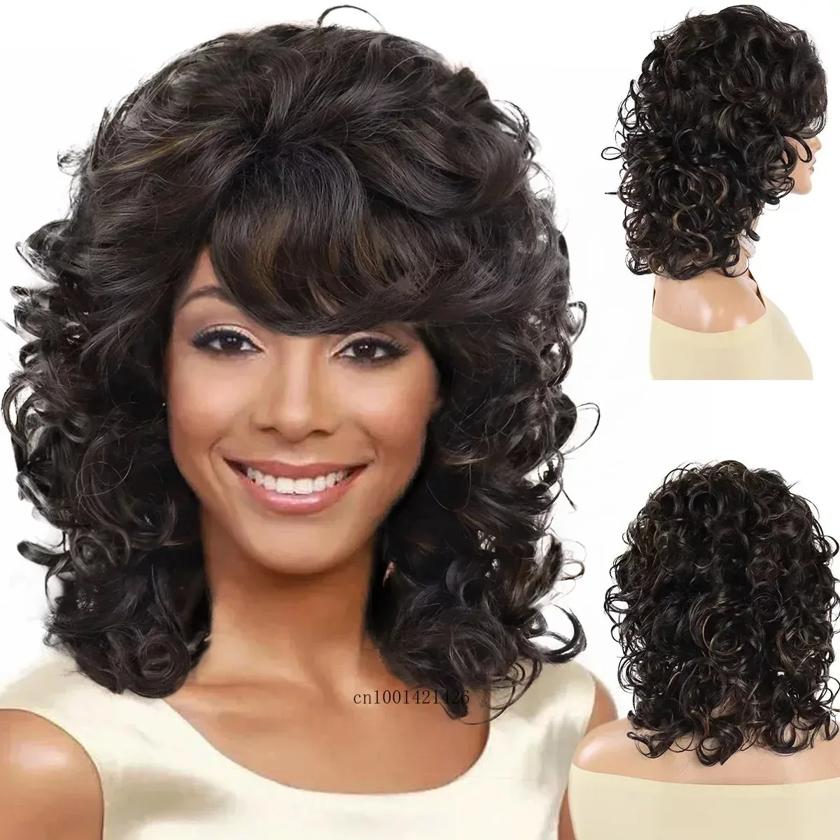 Synthetic Curly Hair Wigs for Women Natural Wig with Bangs Short Haircuts Shoulder Length Brown,Auburn,Black Wig Mother