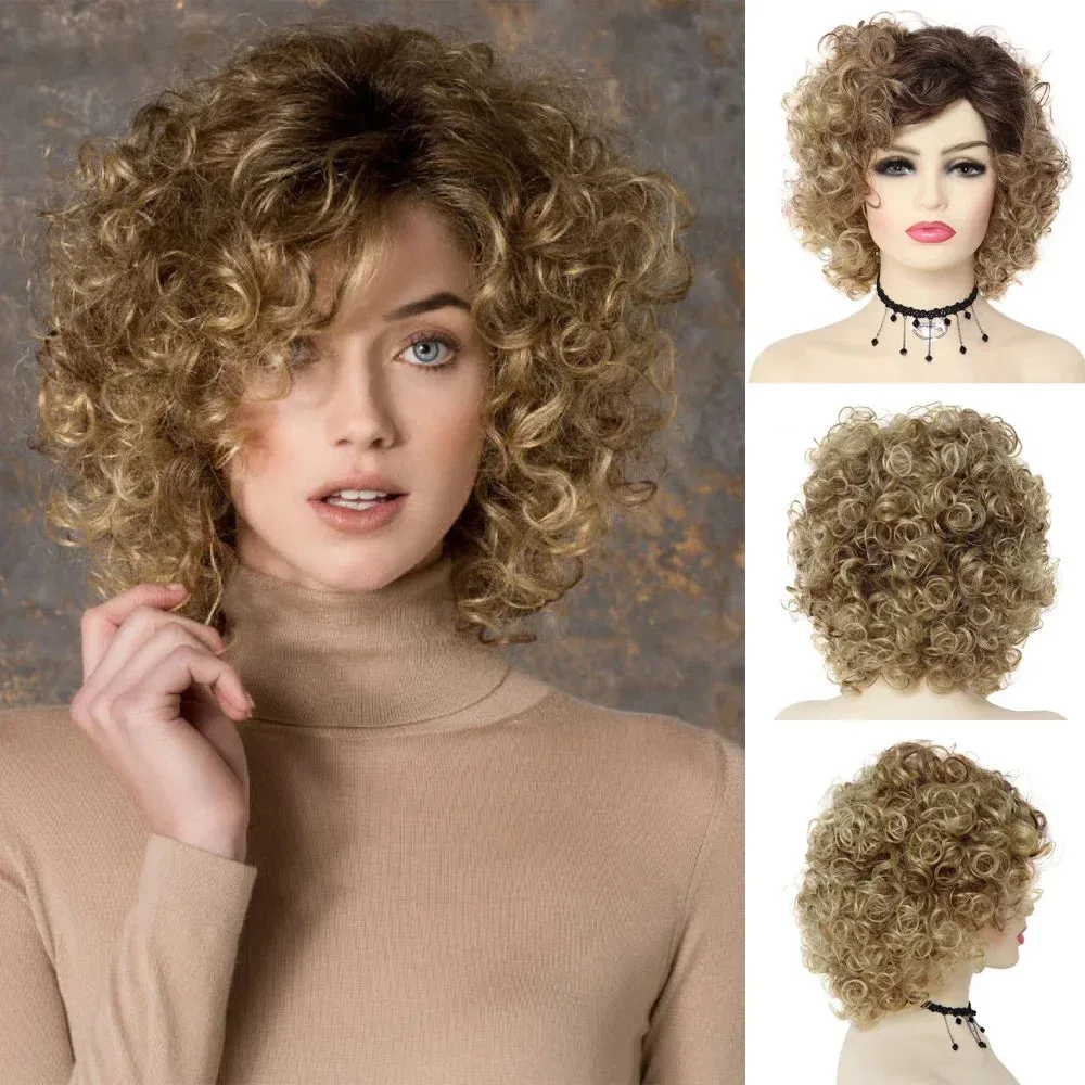 Synthetic Curly Wigs for Women Short Blonde Wig Wtih Bangs Sand Grease Wig Ombre Wigs Halloween Costume Wig Cosplay