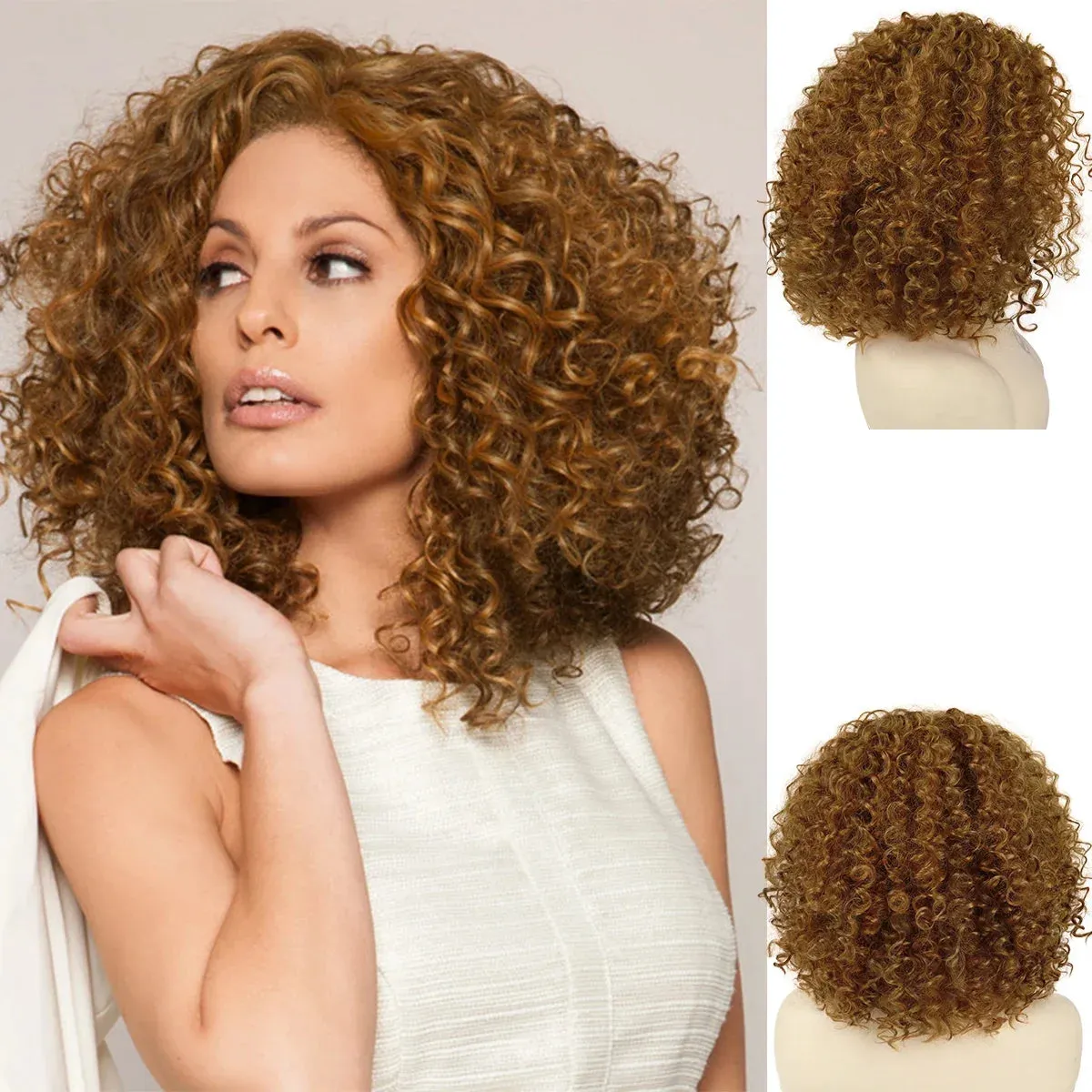 Synthetic Hair Afro Wigs for Black Women Curly Wig Brown Mix Blonde Kinky Short Wigs High Quality Synthetic Wig Female