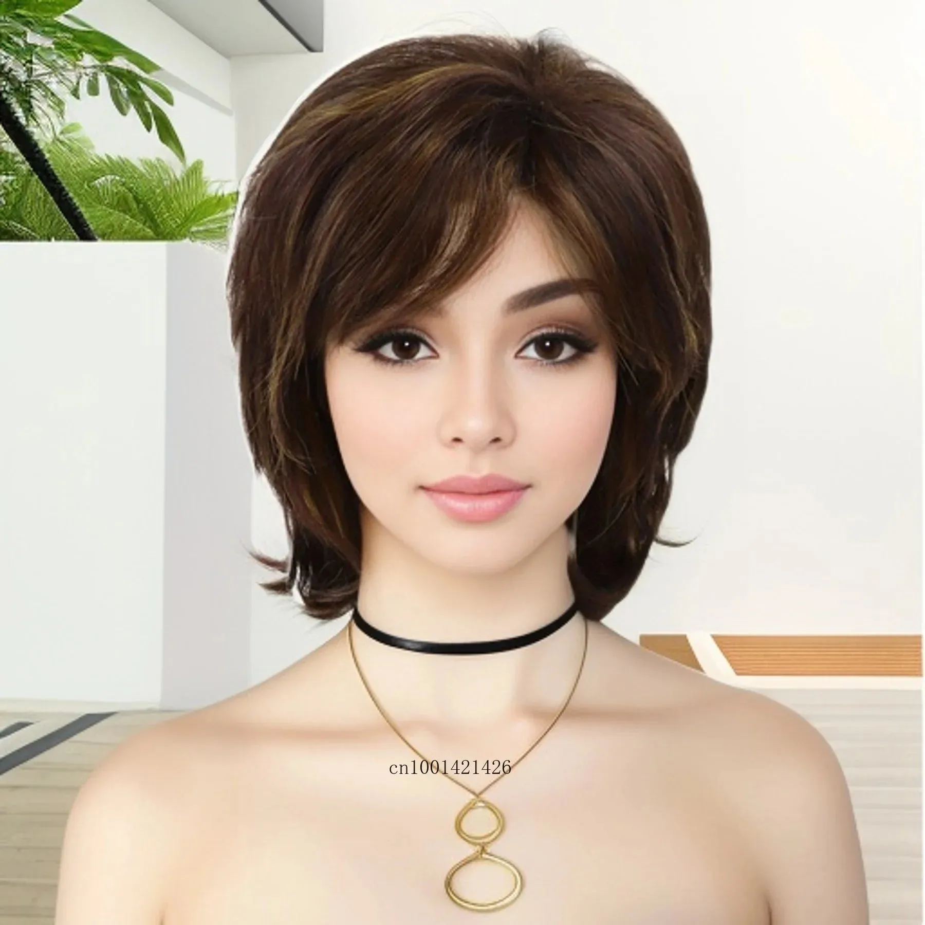 Synthetic Hair Mix Brown Wigs for Women Short Haircuts Brown with Highlights Mommy Wig Casual Style Daily Hair Replacement Wigs