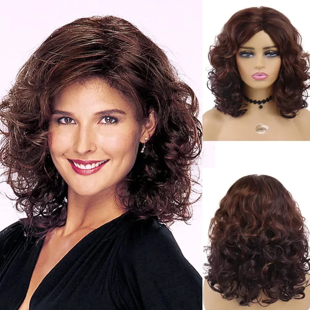 Synthetic Hair Natural Wigs for Women Medium Length Red Brown Curly Wig for Mother Fluffy Soft Short Wig with Bangs