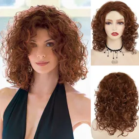 Synthetic Hair Natural Wigs for Women Medium Length Red Brown Curly Wig for Mother Fluffy Soft Short Wig with Bangs