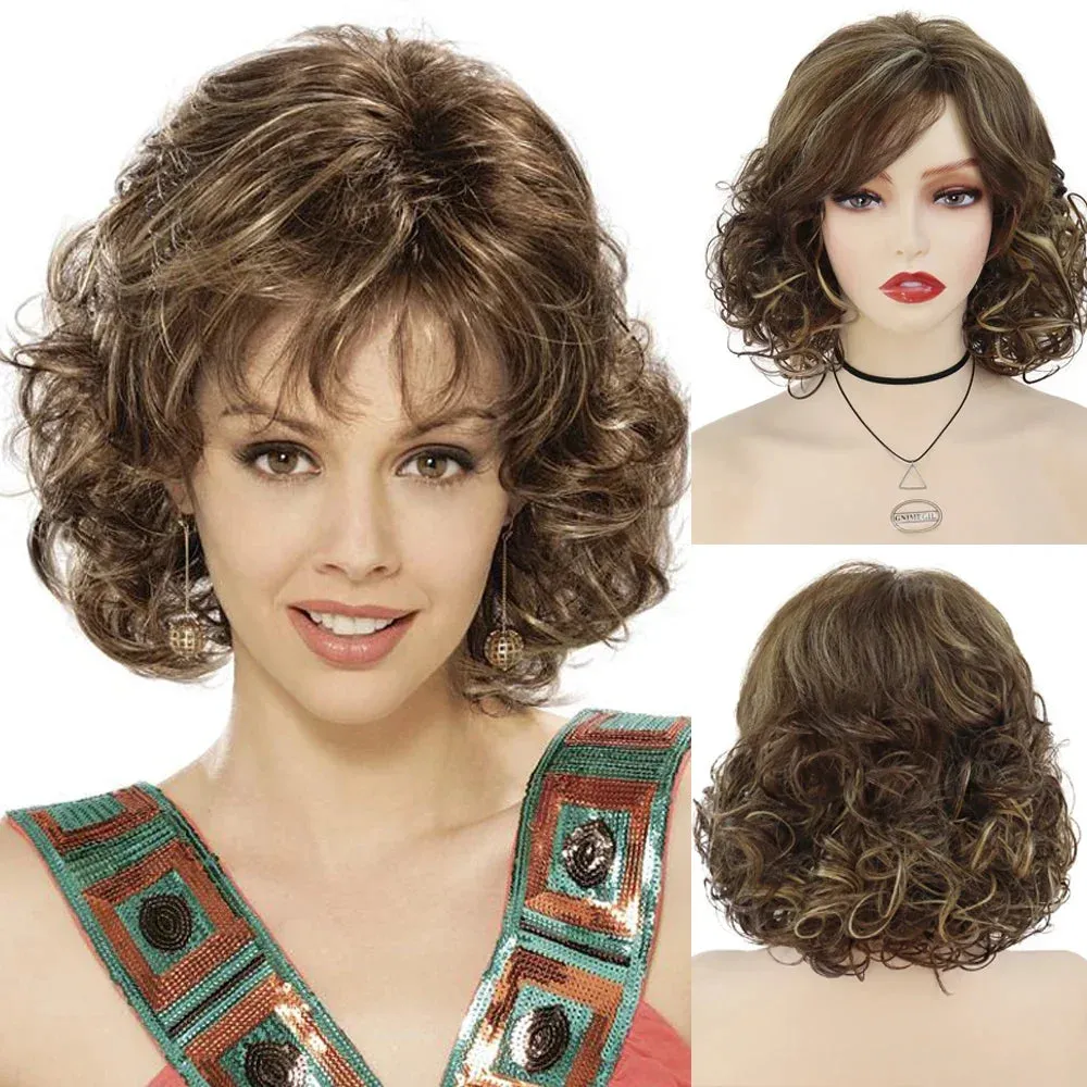 Synthetic Hair Natural Wigs for Women Medium Length Red Brown Curly Wig for Mother Fluffy Soft Short Wig with Bangs
