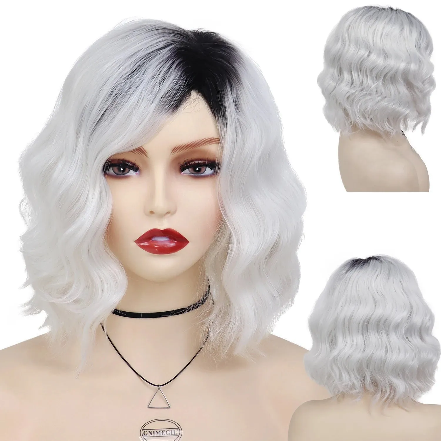 Synthetic Hair Ombre Gray Wigs for Women Medium Length Wave Wig with Black Roots Mommy Wig Natural Hairstyles Curly Wig