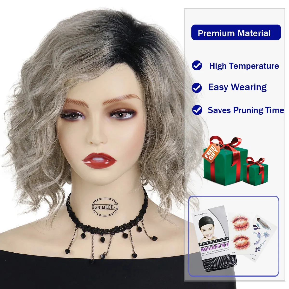 Synthetic Hair Ombre Gray Wigs for Women Medium Length Wave Wig with Black Roots Mommy Wig Natural Hairstyles Curly Wig