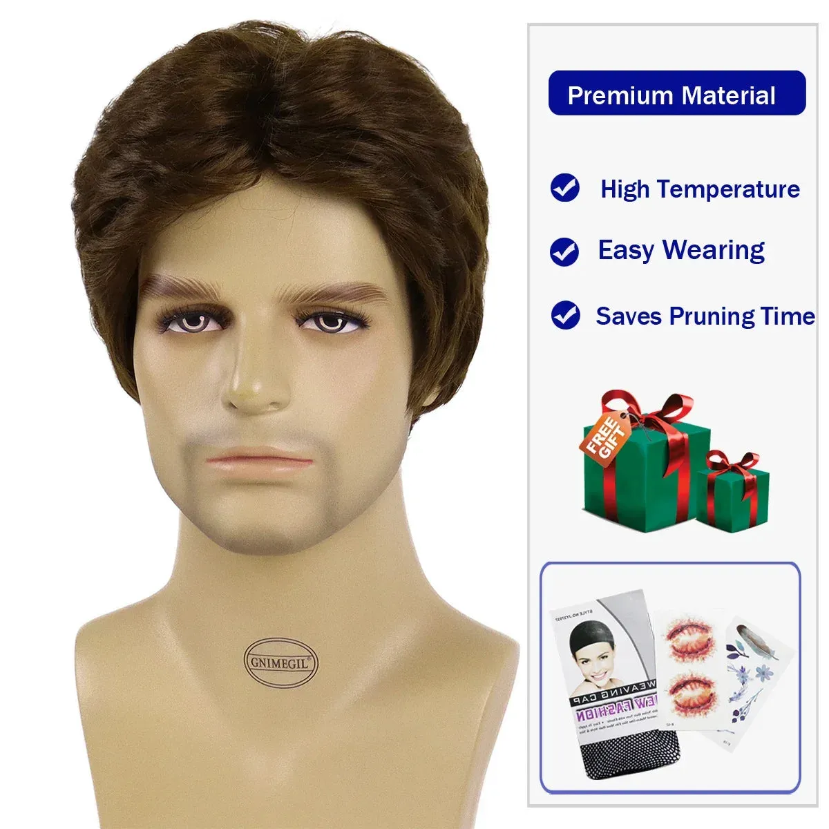 Synthetic Hair Wigs for Men Short Haircuts with Bangs Old Fmale Brown Wig Natural Pixie Cuts Hair Replacement Full Wigs Costume
