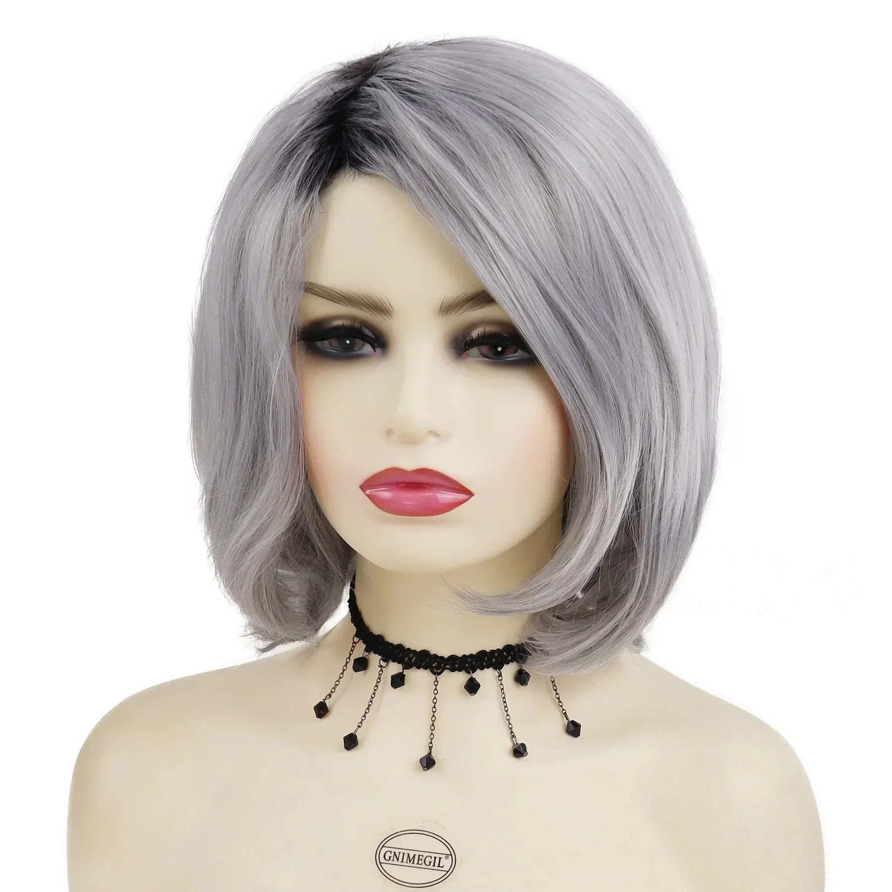 Synthetic Ladies Wigs Gray Color Mommy Wig Short Bob Wigs for Women Heat Resistant Cosplay Wig Dark Roots Old Lady Wig