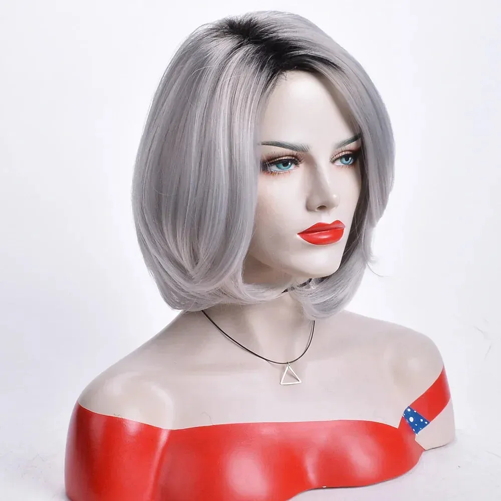 Synthetic Ladies Wigs Gray Color Mommy Wig Short Bob Wigs for Women Heat Resistant Cosplay Wig Dark Roots Old Lady Wig