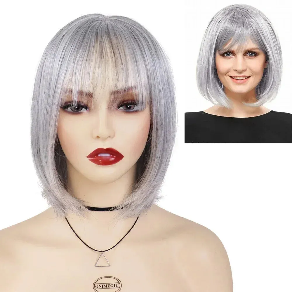 Synthetic Ladies Wigs Gray Color Mommy Wig Short Bob Wigs for Women Heat Resistant Cosplay Wig Dark Roots Old Lady Wig