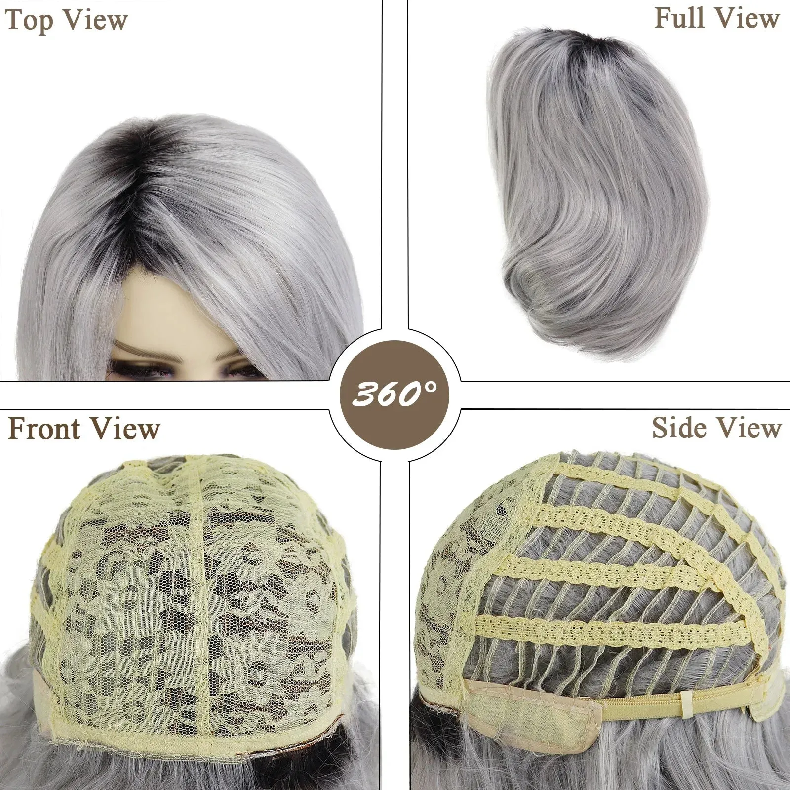 Synthetic Ladies Wigs Gray Color Mommy Wig Short Bob Wigs for Women Heat Resistant Cosplay Wig Dark Roots Old Lady Wig