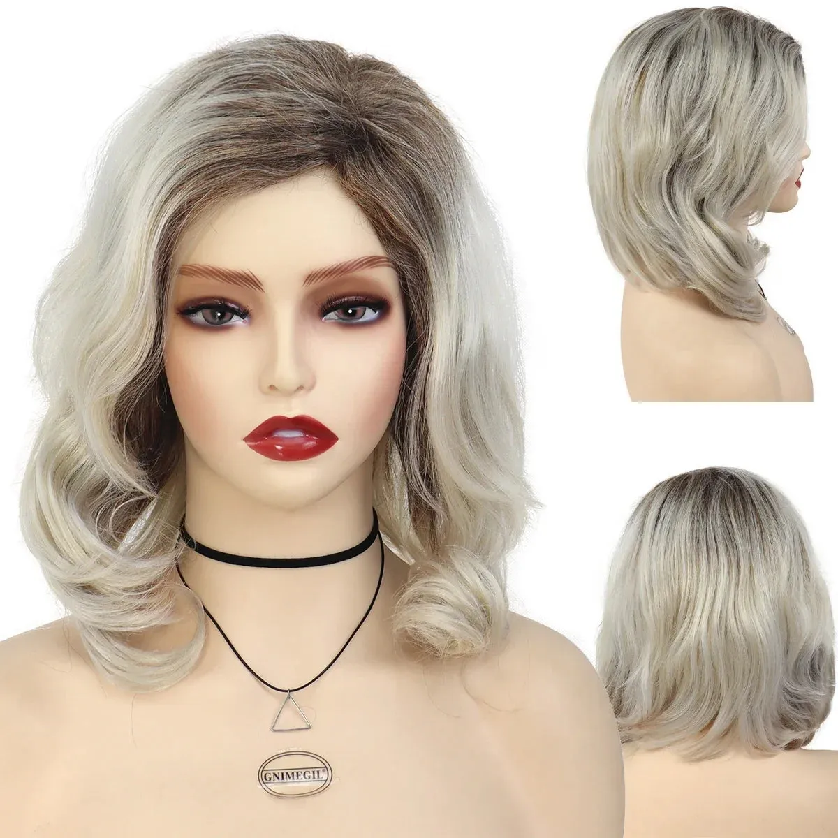 Synthetic Ladies Wigs Gray Color Mommy Wig Short Bob Wigs for Women Heat Resistant Cosplay Wig Dark Roots Old Lady Wig