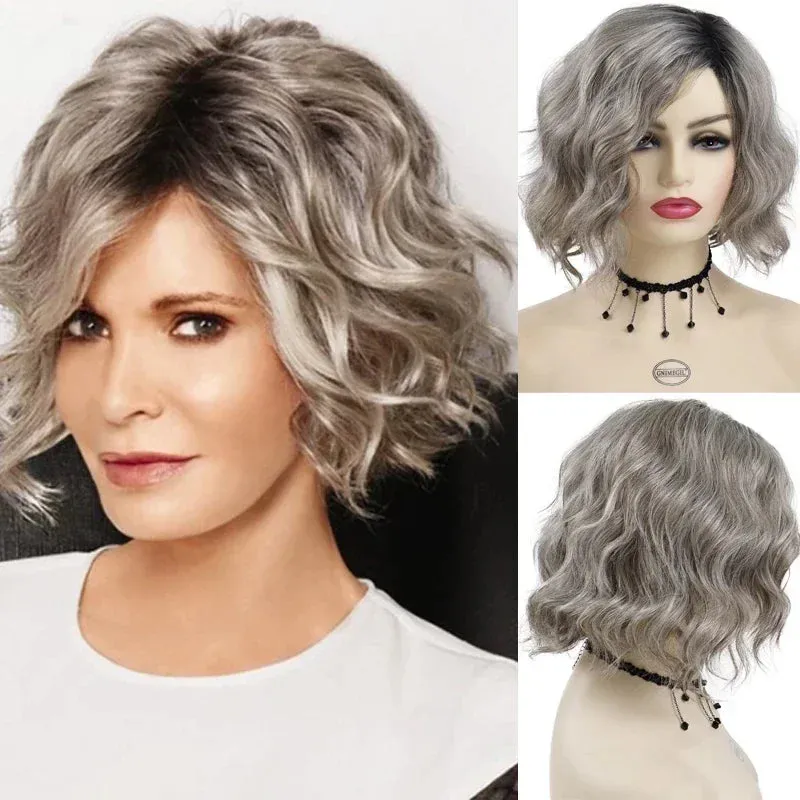 Synthetic Ladies Wigs Gray Color Mommy Wig Short Bob Wigs for Women Heat Resistant Cosplay Wig Dark Roots Old Lady Wig