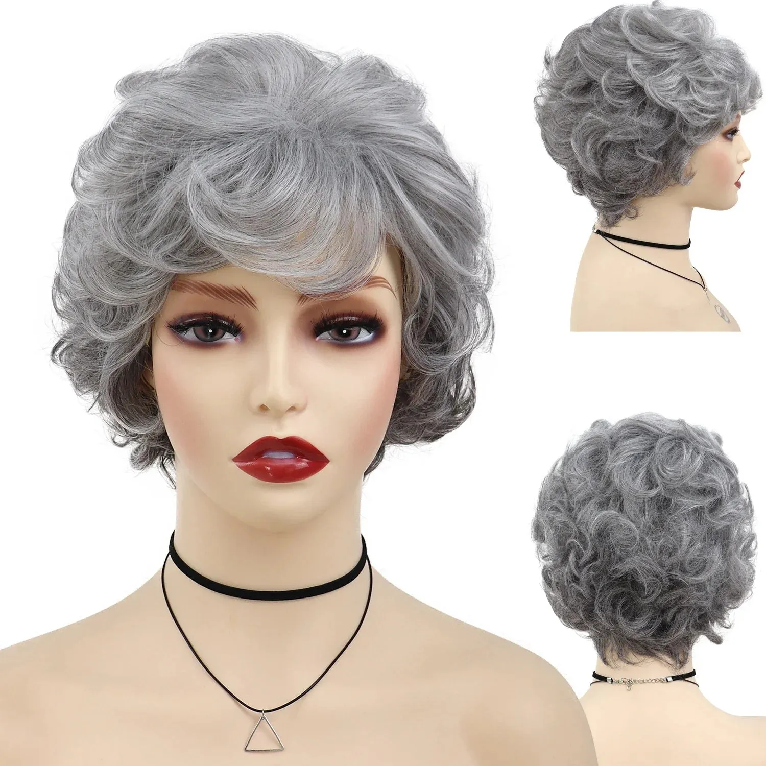 Synthetic Ladies Wigs Gray Color Mommy Wig Short Bob Wigs for Women Heat Resistant Cosplay Wig Dark Roots Old Lady Wig