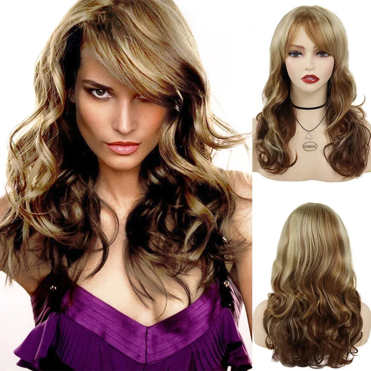 Synthetic Wigs for Women Long Wavy Wig Mix Blonde Ombre Color Fashion Wig with Bangs Long Wig for White Women Carnival
