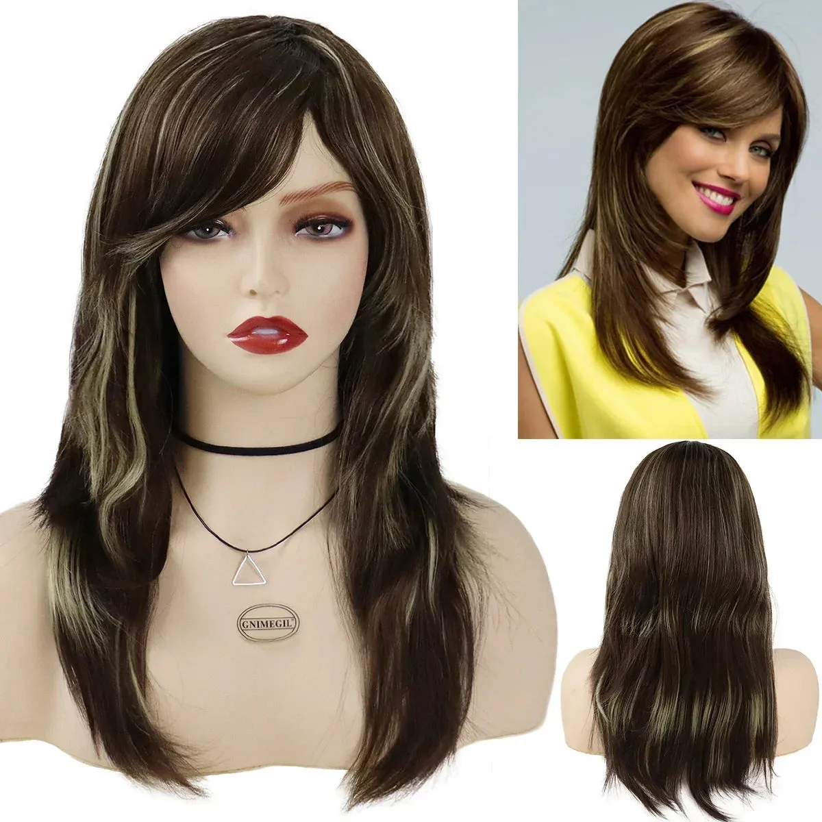 Synthetic Wigs for Women Long Wavy Wig Mix Blonde Ombre Color Fashion Wig with Bangs Long Wig for White Women Carnival