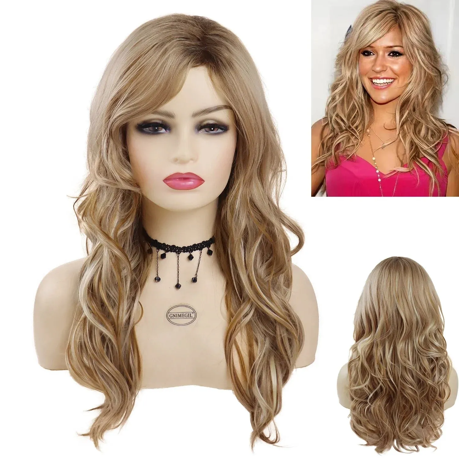 Synthetic Wigs for Women Long Wavy Wig Mix Blonde Ombre Color Fashion Wig with Bangs Long Wig for White Women Carnival