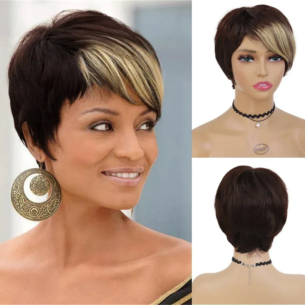 Synthetic Wigs for Women Natural Curly Short Hairstyles Pixie Cut Wig with Bangs Mixed Blonde Brown Ombre Curly Wigs