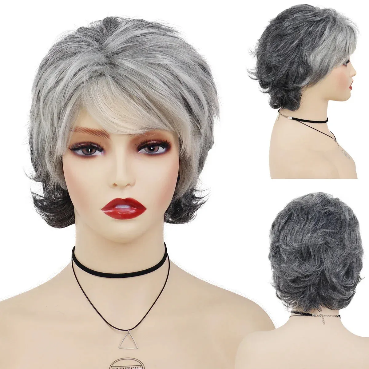 Synthetic Wigs for Women Natural Curly Short Hairstyles Pixie Cut Wig with Bangs Mixed Blonde Brown Ombre Curly Wigs