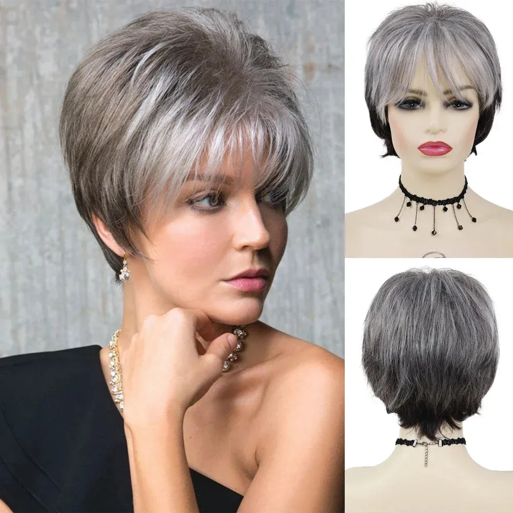 Synthetic Wigs for Women Natural Curly Short Hairstyles Pixie Cut Wig with Bangs Mixed Blonde Brown Ombre Curly Wigs
