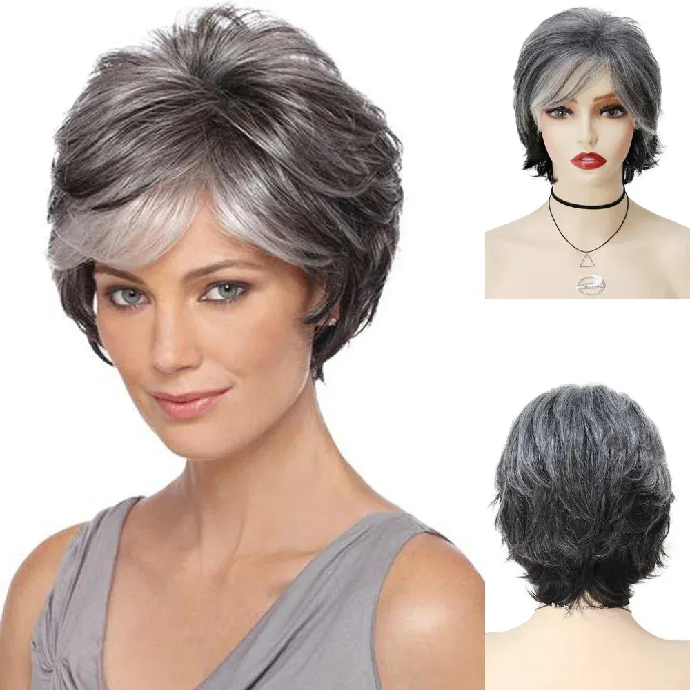 Synthetic Wigs for Women Natural Curly Short Hairstyles Pixie Cut Wig with Bangs Mixed Blonde Brown Ombre Curly Wigs