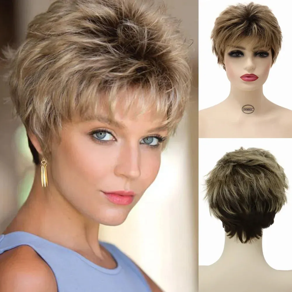 Synthetic Wigs for Women Natural Curly Short Hairstyles Pixie Cut Wig with Bangs Mixed Blonde Brown Ombre Curly Wigs