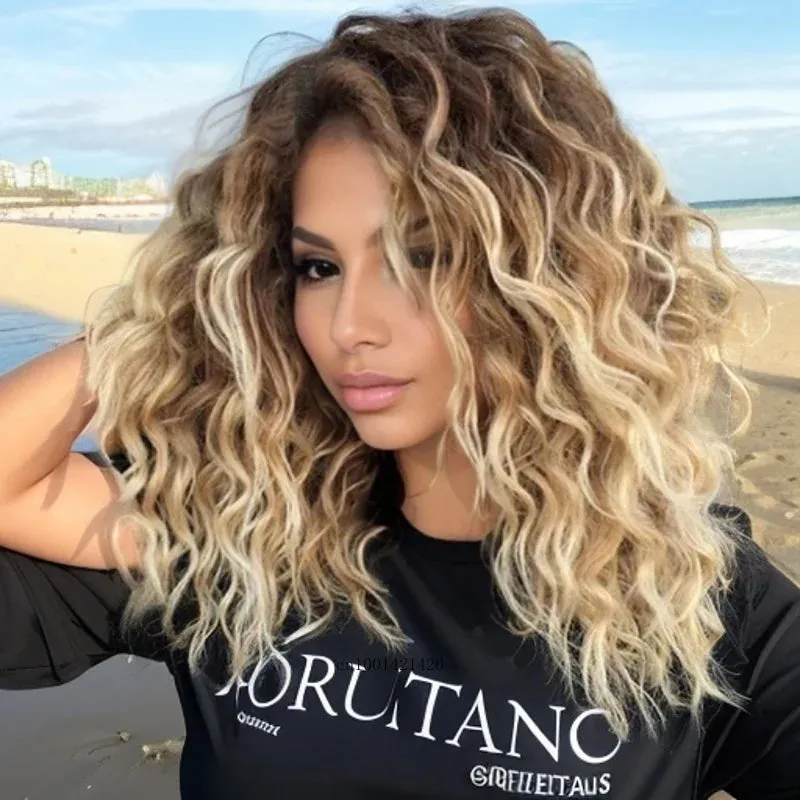 Synthetic Woman Wig Curly Long Wave Wig with Dark Root Blonde Ombre Wig Female Fluffy Hair Halloween Costume for Women