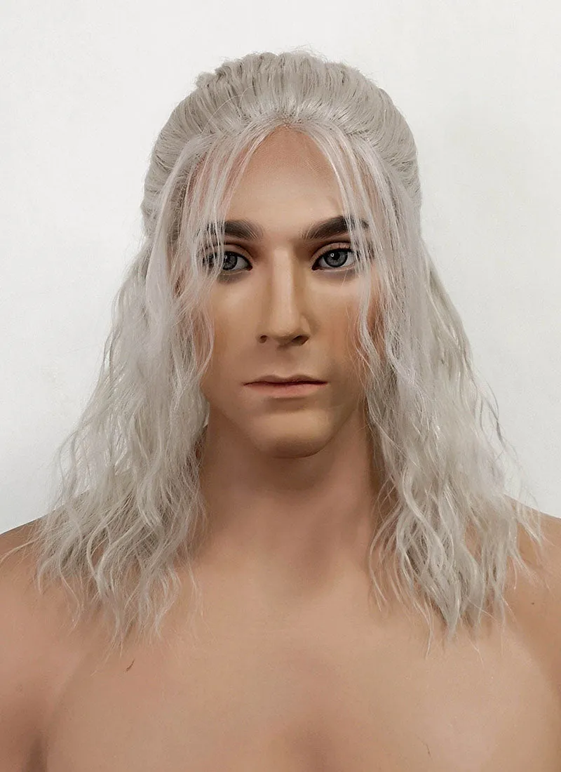 The Witcher Geralt of Rivia Silver Grey Curly Lace Front Synthetic Men's Wig LFX5127
