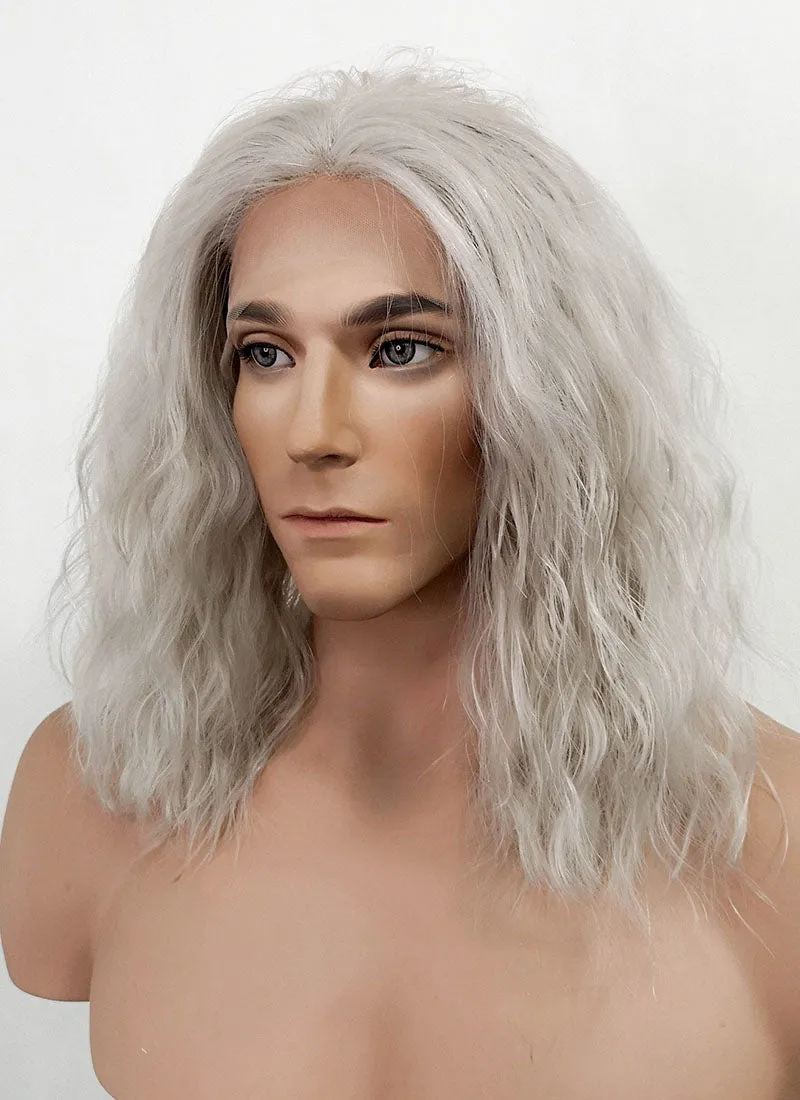 The Witcher Geralt of Rivia Silver Grey Curly Lace Front Synthetic Men's Wig LFX5127