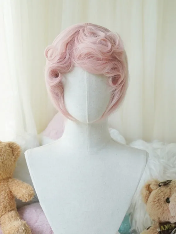 White/Pink Bob Cut Short Wig With Curly Bangs